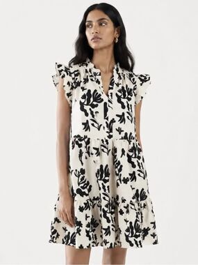 AVARA Ivory and Black Floral 100% Cotton Ruffle-Sleeve Dress Size Medium